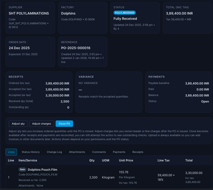 Purchase Order Detail Screen